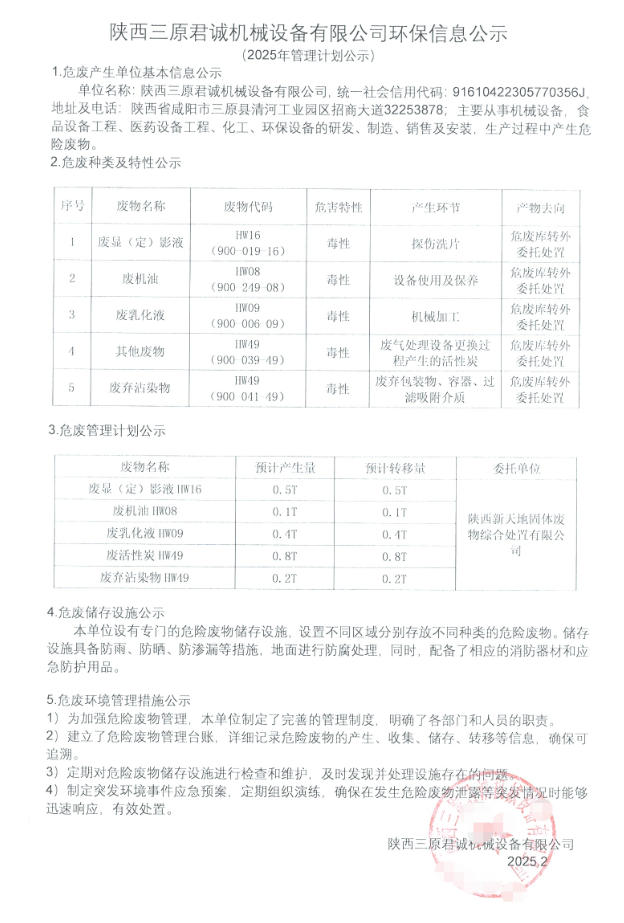 陜西三原君誠(chéng)機(jī)械設(shè)備有限公司環(huán)保信息公示